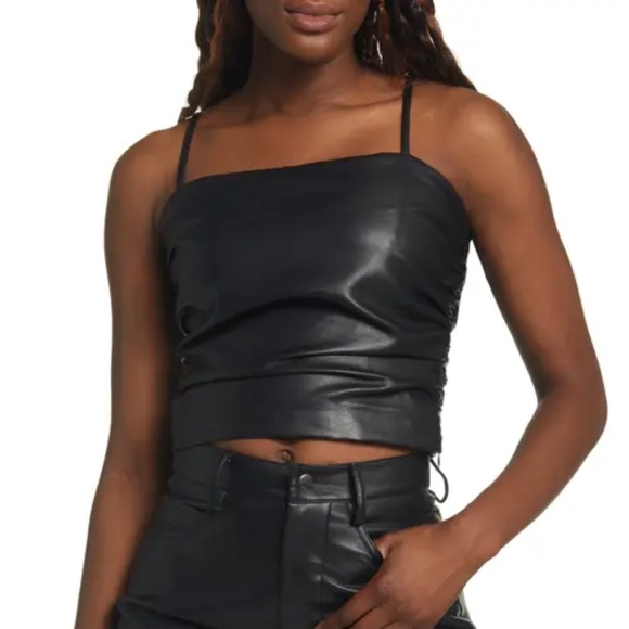 WAYF Black Talia Rodeo Drive Faux Leather Ruched Cami Crop Top – Size S - Picture 15 of 16